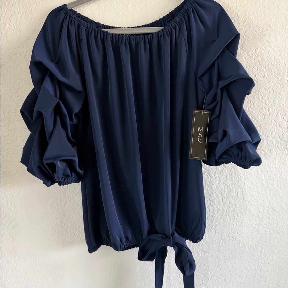 Macy's Women's Navy Ruffle Sleeve Off The Shoulder Blouse, Size M